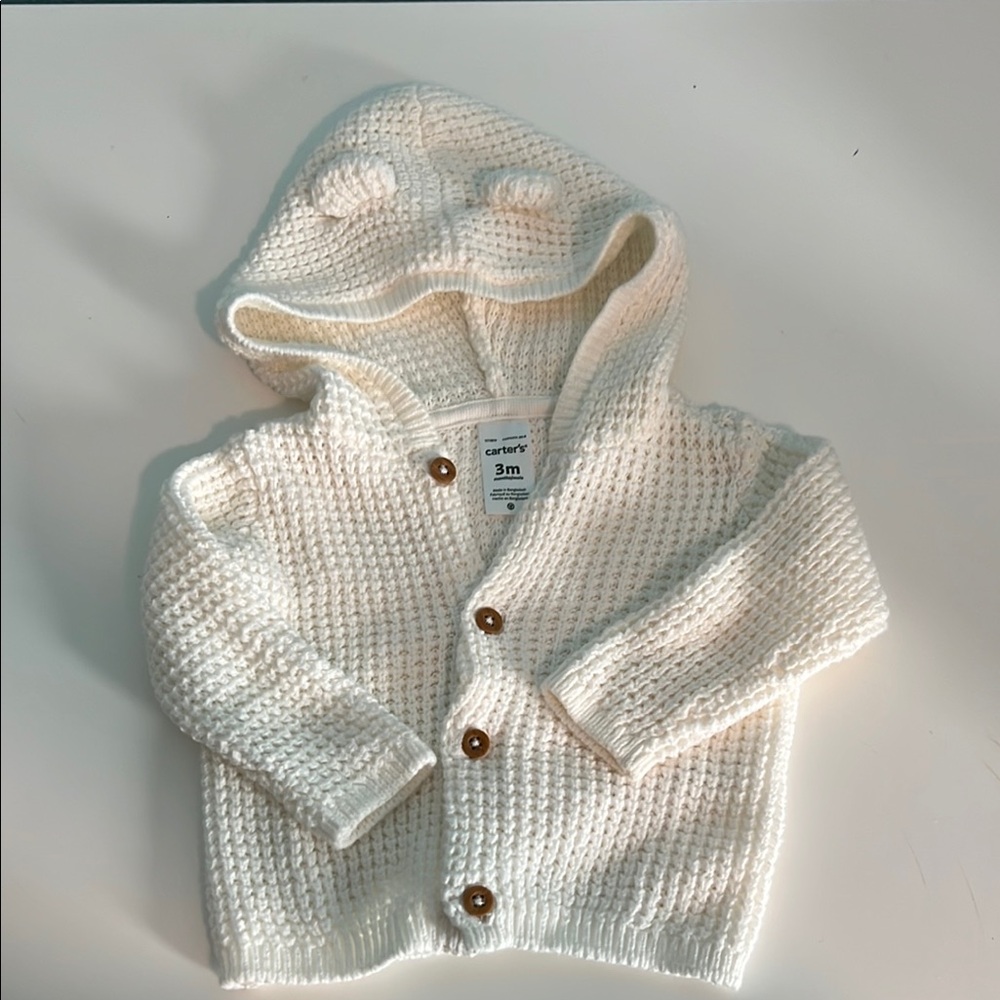 White Hooded Baby Cardigan with Wooden Buttons
